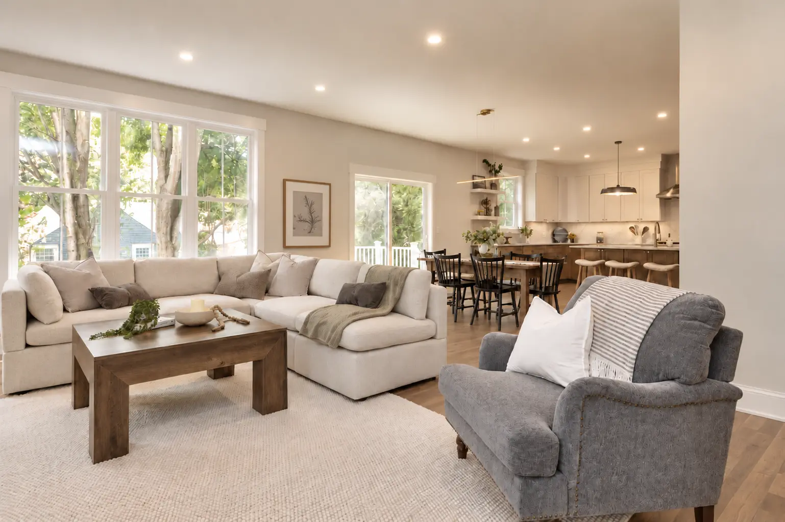 Staged open-plan living room at 98 West Central Street